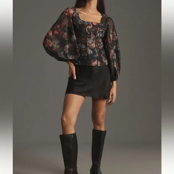 Anthropologie Floral Sheer Blouse - Black, Pink, Blue - Picture 3 of 6